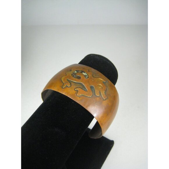 Vintage Mexican Copper Cuff Bracelet Inlaid Abalone Shell Gecko Mid Century WEAR - Picture 12 of 12